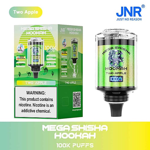 Verpackung und Produkt der JNR Mega Shisha-Wasserpfeife in zwei Apfelgeschmacksrichtungen, dargestellt als Einweg-Vape-Gerät und -Box in Grün mit hervorgehobenen Funktionen, Geschmacksnamen und einer Warnung vor Nikotinsucht.
