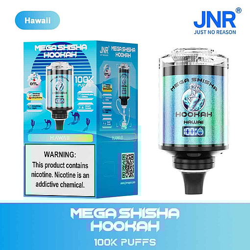 Jnr Mega Shisha-Wasserpfeifengerät und Verpackung mit der Aufschrift „Hawaii“, mit digitalem Zugzähler, Produktinformationen und einer Warnung vor Nikotinsucht.