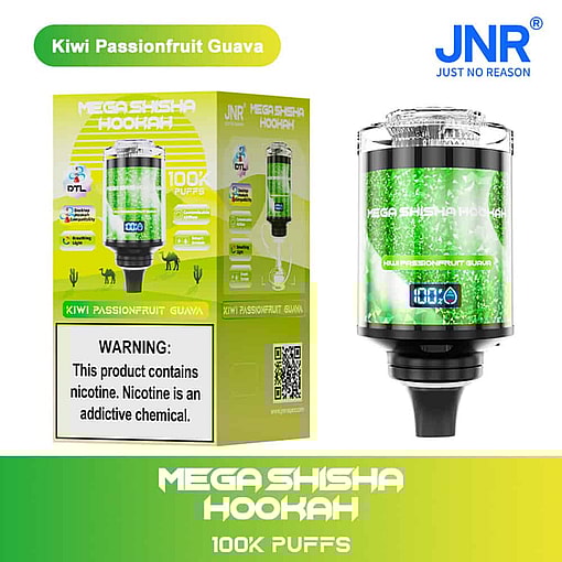 Verpackung und Gerät für die Jnr Mega Shisha mit dem Geschmack Kiwi-Passionsfrucht-Guave, mit grünem Design, digitalem Zugzähler und einem Warnhinweis zur Nikotinsucht.