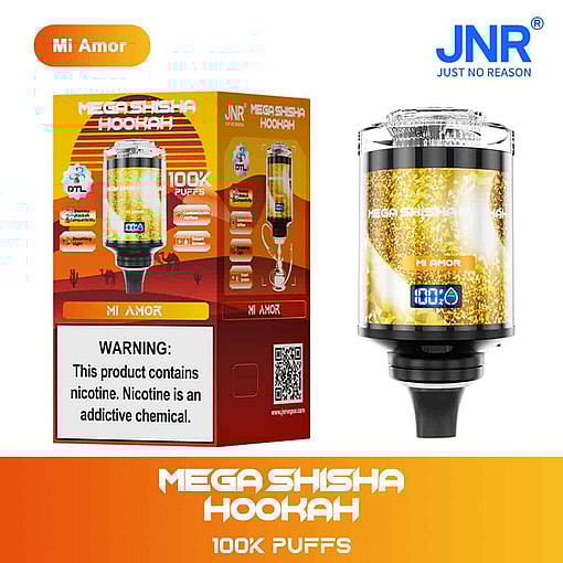 Verpackung und Gerät der Jnr Mega Shisha-Wasserpfeife im Geschmack Mi Amor, mit einem gelb-goldenen Design mit hervorgehobenen 100.000 Zügen und einem Warnhinweis zu Nikotin.