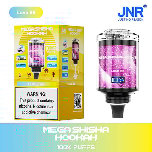 Produktbild und Verpackung für Jnr Mega Shisha Hookah, Geschmack Love 66, mit einem rosa, kristallähnlichen Design und einer Schachtel mit der Aufschrift „100.000 Züge“ und einer Nikotinwarnung.