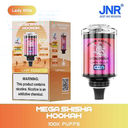 Produktbild der Jnr Mega Shisha Hookah mit Lady Killa-Geschmack. Es zeigt das Vape-Gerät und seine Verpackung mit einem rosa-orangefarbenen Farbverlaufsdesign, einer Astronautengrafik, der Angabe „100.000 Züge“ und einem Warnhinweis zu Nikotin.