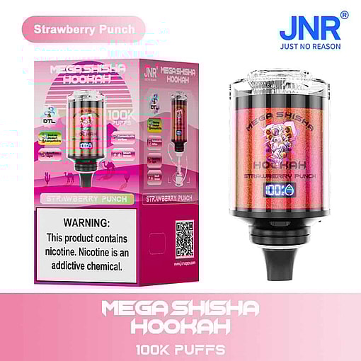 Produktverpackung und Gerät für Mega-Shisha-Wasserpfeife mit Erdbeer-Punch-Geschmack, mit modernem rosa Design, digitalem Zugzähler und auffälligem Nikotin-Warnhinweis.