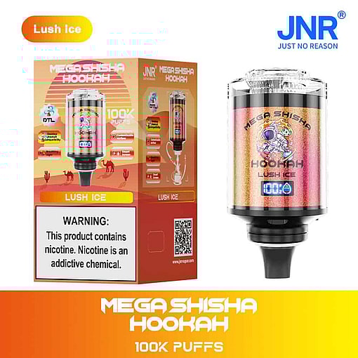 Mega-Shisha-Vape der Marke Jnr mit üppigem Eisgeschmack, in farbenfroher Verpackung mit Astronautenillustration, Produktmerkmalen und einem Warnhinweis zu Nikotin.