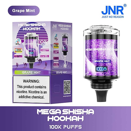 Verpackung und Produkt der Jnr Mega Shisha mit Traubenminzgeschmack, mit violettem Design, digitaler Anzeige und einem Warnhinweis zur Nikotinsucht.