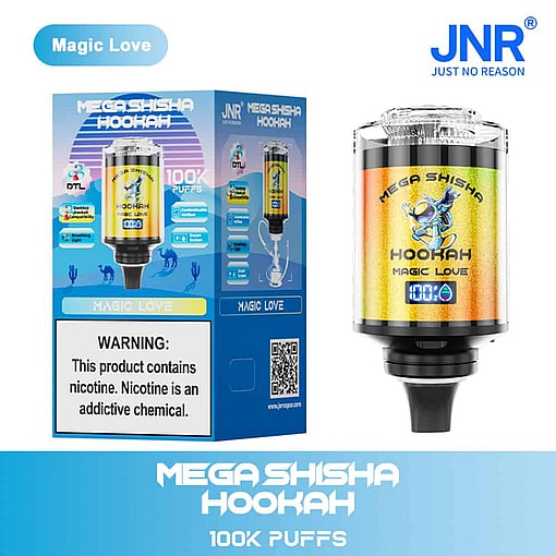 Mega-Shisha-Hookah-Magic-Love-Vaping-Gerät und seine Verpackung mit leuchtenden Farben, einem Roboter-Maskottchen, Produktmerkmalen, Nikotin-Warnhinweis und Branding von Jnr (Just No Reason).