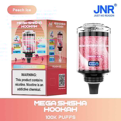 Verpackung und Gerät für Jnr Mega Shisha Hookah mit Pfirsicheisgeschmack, mit rosafarbenem Kristalldesign, Digitalanzeige, Produktmerkmalen, Gesundheitswarnung und 100.000-Zügen-Anspruch.