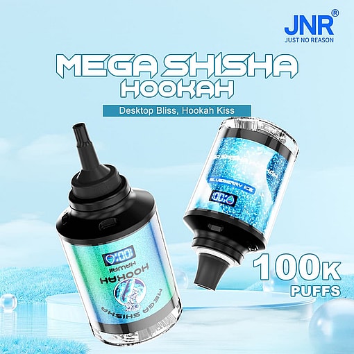 Werbung für Jnr Mega Shisha Hookah 100000. Zeigt zwei tragbare Shisha-Geräte mit digitalen Anzeigen, eisblauem Hintergrund und Text, der für 100.000 Züge und einen Blaubeereisgeschmack wirbt.