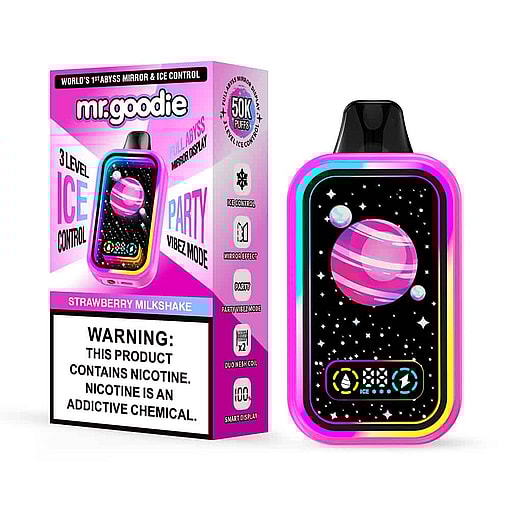 Strawberry Milkshake Flavored Mr.goodie Vape Device And Packaging Featuring A Vibrant Space-Themed Design With A Pink Planet And Stars, And Prominent Nicotine Warning Label On The Box.