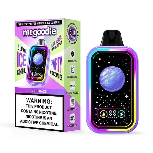 Mr. Goodie Blue Razz Disposable Vape Device And Packaging Featuring A Colorful Outer Box With Product Branding, Features, A Large Nicotine Warning Label, And The Device Itself, Which Has A Digital Display With A Space-Themed Design Showing A Purple And Blue Planet With Stars.