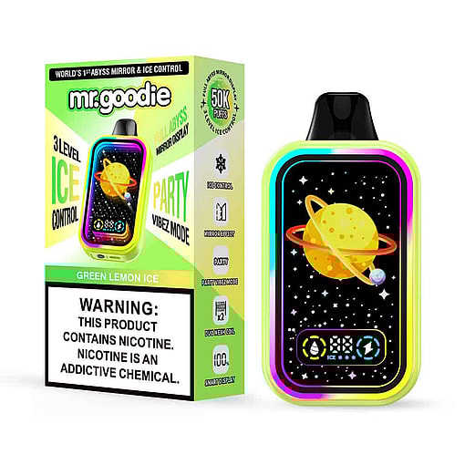 Green Lemon Ice Flavored Disposable Vape Device Called 'Mr.goodie' Featuring A Full Color Display With A Planet Illustration And Packaging That Highlights Ice Control, Party Mode, And A Nicotine Warning.