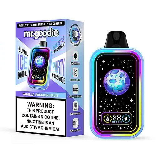 Vanilla Passion Fruit Flavored Disposable Vape Device And Its Packaging, Featuring A Cosmic-Themed Design And Highlighting Features Like 3-Level Ice Control, Mirror Display, Party Mode, And A Warning About Nicotine Addiction.