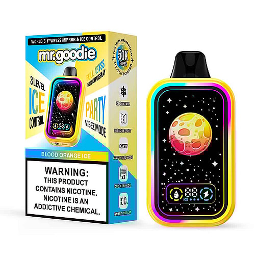 Colorful Mr. Goodie Blood Orange Ice Vape Device And Packaging Featuring A Cartoon Moon And Stars Design, Highlighting Features Like 3-Level Ice Control And A Nicotine Warning Label.