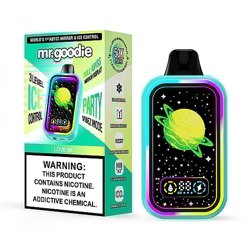 Colorful Packaging And Device For Mr.goodie Disposable Vape With A Space-Themed Design, Featuring A Yellow-Green Planet, Product Features, And A Nicotine Warning Label.