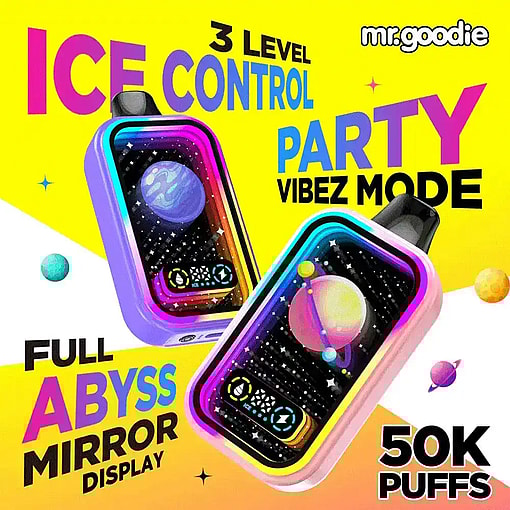 Colorful Advertisement Featuring Two Mr. Goodie Vape Devices With Galaxy-Themed Screens, Promoting Features Like 3-Level Ice Control, Party Vibez Mode, Full Abyss Mirror Display, And 50,000 Puffs, On A Bright Yellow And White Background With Floating Planets.
