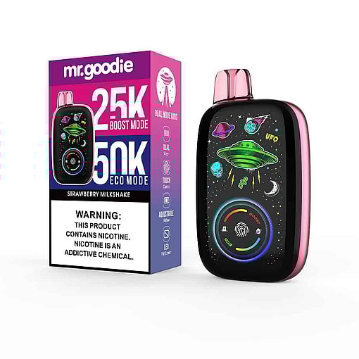 Mr. Goodie Strawberry Milkshake Disposable Vape Device And Packaging, Featuring Colorful Outer Space-Themed Graphics With A Ufo, Planets, And An Astronaut, And Labeled With Nicotine Warning And Mode Options (25K Boost, 50K Eco).