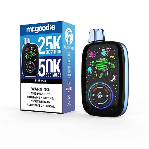 Mr. Goodie Blue Razz Vape Device And Packaging, Featuring A Colorful Outer Space Theme With A Ufo, Planets, And Stars, And Displaying Modes And Nicotine Warning Label.