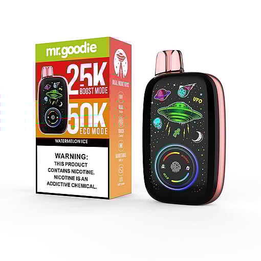 Mr. Goodie Watermelon Ice Disposable Vape Device And Packaging Featuring Colorful Ufo And Space-Themed Graphics, With Prominent Nicotine Warning And Text Highlighting Dual Mode (25K Boost/50K Eco) And Touch Controls.