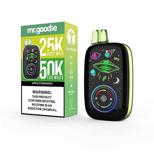 Mr. Goodie Apple Cinnamon Vape Device And Packaging Featuring A Colorful Ufo And Space-Themed Design, With Prominent Labeling For 25K Boost Mode, 50K Eco Mode, And A Nicotine Warning.