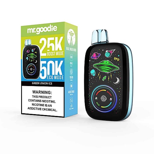 Mr. Goodie Disposable Vape Device And Packaging Featuring A Green Lemon Ice Flavor, With A Colorful Alien And Ufo Design, And Labels Highlighting 25K Boost Mode And 50K Eco Mode Options.