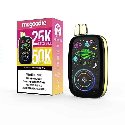 Mango Pineapple Ice Flavored Mr. Goodie Vape Device And Packaging Featuring Vibrant Space-Themed Graphics With A Green Ufo, Planets, And A Warning Label About Nicotine Addiction.