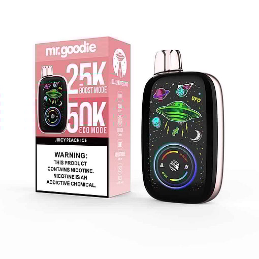 Mr. Goodie Juicy Peach Ice Vape Device And Packaging Featuring Colorful Ufo And Space-Themed Illustrations, Highlighting 25K Boost Mode And 50K Eco Mode Options, With A Nicotine Warning Label.