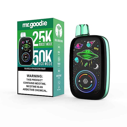 Mr. Goodie Vanilla Passion Fruit Vape Device And Packaging Featuring A Colorful Outer Space Design With A Cartoon Ufo, Planets, And Neon Graphics, Alongside Prominent Nicotine Warning Text.