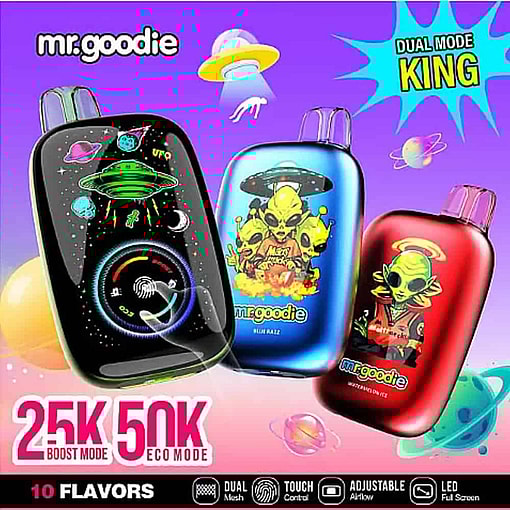 Colorful Advertisement For Mr.goodie Vapes Featuring Three Vape Devices With Alien And Ufo Graphics, Set Against A Purple Space-Themed Background With Planets And Futuristic Design Elements, Highlighting Features Like Dual Mode, Touch Control, And 10 Flavors.