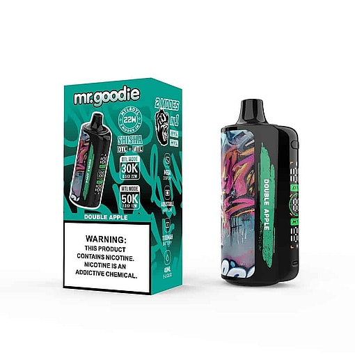 Mr. Goodie Double Apple Flavored Vape Device And Packaging, Featuring Colorful Graffiti-Style Artwork And Prominent Nicotine Warning Label.
