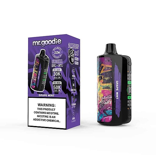 Mr. Goodie Grape Mint Disposable Vape Device And Its Purple Packaging, Featuring Bold Graphics, Device Information, And A Nicotine Warning Label.