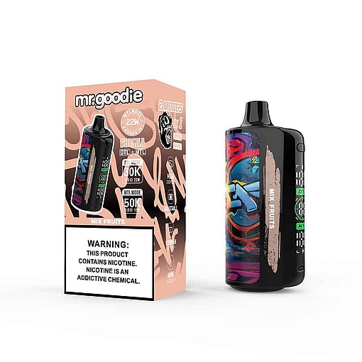 Mr. Goodie Disposable Vape Device And Packaging, Featuring A Colorful Graffiti-Style Design, Labeled 'Mix Fruits' Flavor, With Prominent Nicotine Warning On The Box.