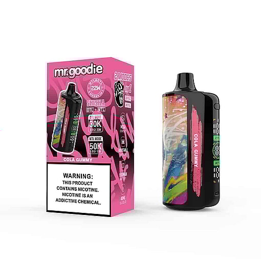 Mr. Goodie Cola Gummy Vape Device And Packaging, Featuring Colorful Abstract Artwork And Prominent Nicotine Warning Label.