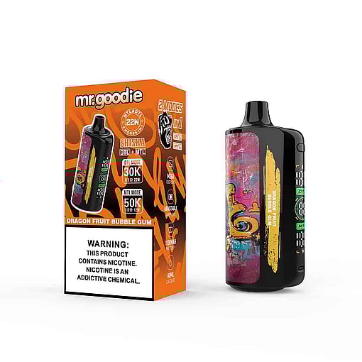 Mr. Goodie Vape Device And Its Packaging Featuring Colorful Graffiti-Style Design, Labeled With 'Dragon Fruit Bubble Gum' Flavor And A Nicotine Warning Label.