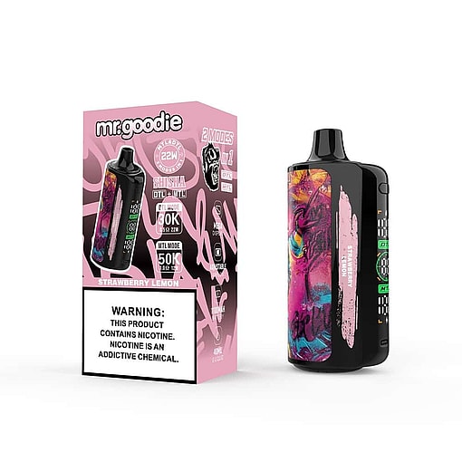 Mr. Goodie Disposable Vape Device And Packaging In The Strawberry Lemon Flavor, Featuring A Pink And Black Abstract Design And A Prominent Nicotine Warning Label.