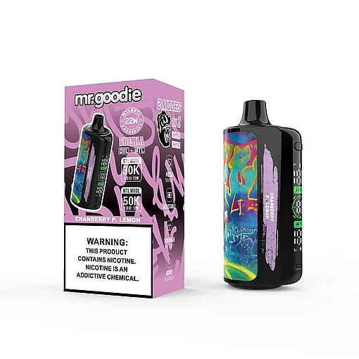 Mr. Goodie Cranberry P. Lemon Disposable Vape Device With Colorful Abstract Design, Shown Next To Its Purple Packaging Featuring Product Details And A Nicotine Warning Label.