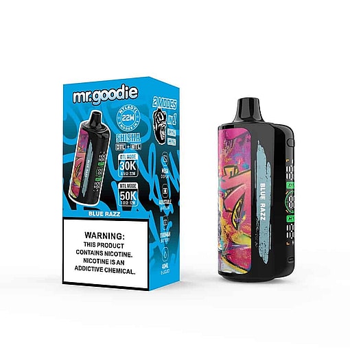 Mr. Goodie Blue Razz Disposable Vape Device Next To Its Blue Packaging, Featuring Product Details, Graffiti-Style Graphics, And A Nicotine Warning Label.