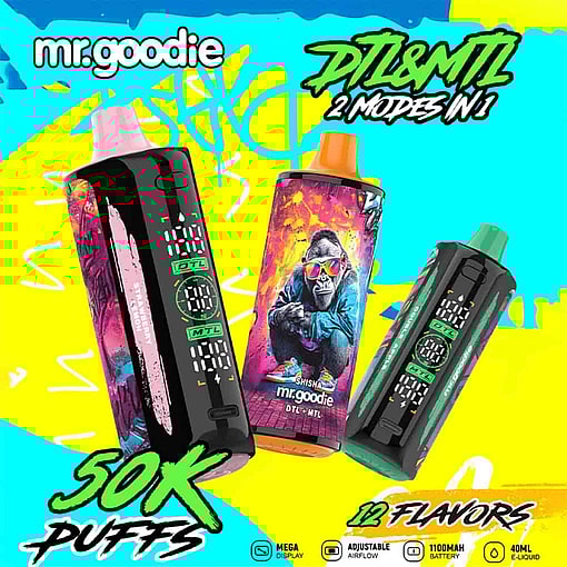 Colorful Advertisement For Mr.goodie Disposable Vapes Featuring Three Vape Devices, One With A Gorilla Wearing Sunglasses Design, Highlighting 50,000 Puffs, 12 Flavors, Two Modes (Dtl &Amp; Mtl), And Features Like Adjustable Airflow And 1100Mah Battery On A Vibrant Graffiti-Style Background.