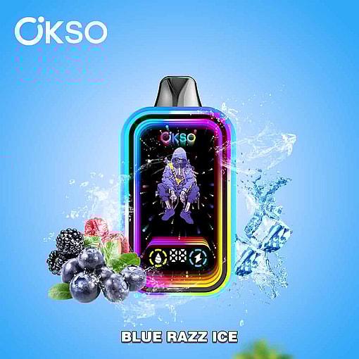 Colorful Okso Vape Device With A Neon Outline, Digital Artwork Of A Person Sitting On The Front, Surrounded By Ice Cubes, Blackberries, Blueberries, And Raspberries On A Blue Background With The Label 'Blue Razz Ice'.
