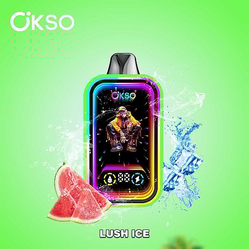 Brightly Colored Okso Vape Device Labeled 'Lush Ice', Surrounded By Splashing Water, Watermelon Slices, And Ice Cubes On A Green Background.