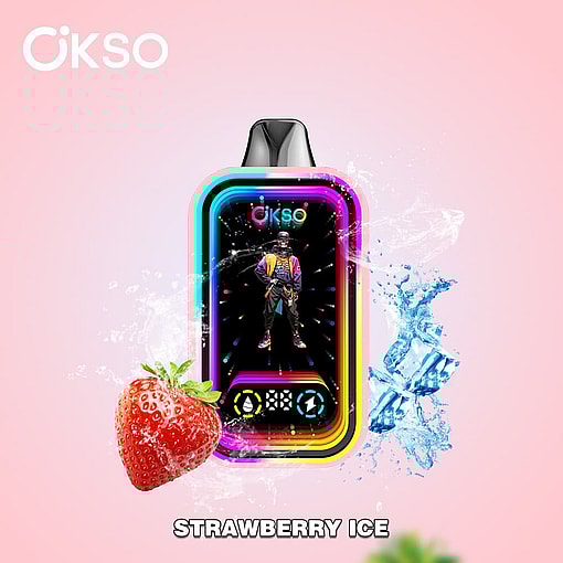 Colorful Okso Vape Device Labeled 'Strawberry Ice,' Surrounded By A Fresh Strawberry And Ice Cubes On A Pink Background.