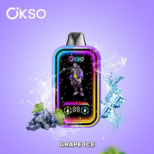 Colorful Okso Vape Device With A Vibrant Neon Border, Featuring A Character Illustration On Its Front, Surrounded By Splashes Of Water, Ice Cubes, And A Cluster Of Grapes, With The Flavor 'Grape Ice' Labeled Below.