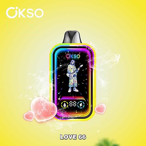 Colorful Okso Vape Device With Neon Borders, Featuring An Illustration Of A Musician In Floral Clothing Playing Guitar, Surrounded By Splashing Water And Pink Hearts On A Yellow Gradient Background; Text Reads 'Love 66'.
