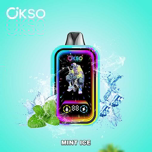 Colorful Okso Vape Device With A Neon Outline And Rapper Illustration, Surrounded By Splashing Water, Ice Cubes, Mint Leaves, And Labeled 'Mint Ice' On A Blue Gradient Background.