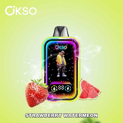 Colorful Vape Device With A Rainbow Led Border, Featuring A Stylishly Dressed Person In Bright Streetwear, Surrounded By Splashes And Images Of Strawberry And Watermelon On A Light Green Background, Labeled As Strawberry Watermelon Flavor.
