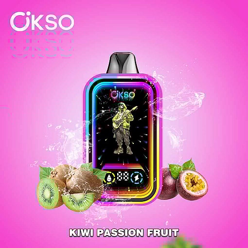 Colorful Okso Vape Device With A Digital Display Featuring A Guitarist, Surrounded By Splashing Kiwi And Passion Fruit On A Pink Background, With The Text 'Kiwi Passion Fruit' At The Bottom.