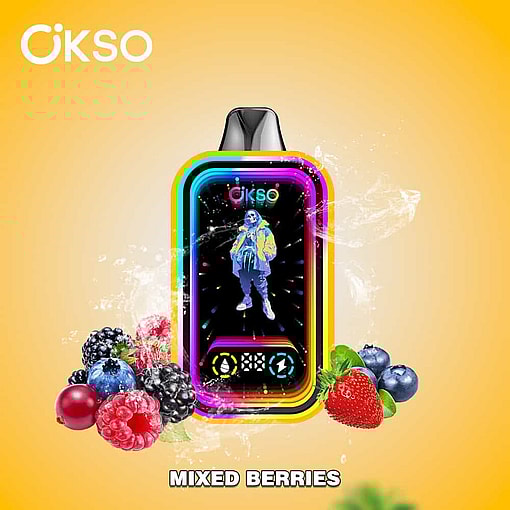Colorful Okso Vape Device With A Vibrant Digital Illustration, Surrounded By Assorted Mixed Berries And A Splash Of Water On A Yellow Background, Labeled 'Mixed Berries'.