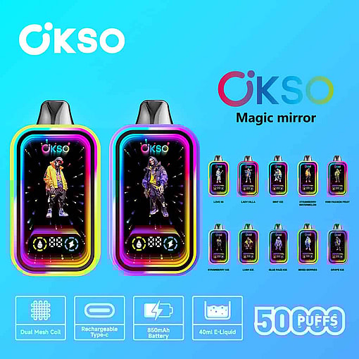 Promotional Image For Okso Magic Mirror Vape, Featuring Two Colorful Vape Devices With Illustrated Characters On The Screens, A Selection Of Flavors, And Product Features Such As Dual Mesh Coil, Rechargeable Type-C, 850Mah Battery, 40Ml E-Liquid, And 5000 Puffs.