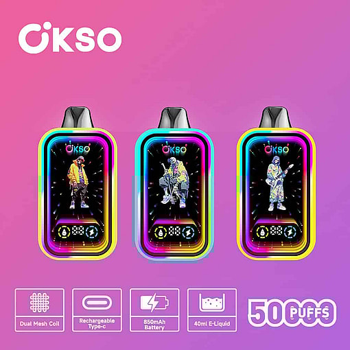 Three Colorful Okso Vape Devices Are Displayed Upright Against A Pink Gradient Background, Each Featuring A Vibrant Character Illustration On The Screen And Highlighted Features Such As Dual Mesh Coil, Rechargeable Type-C, 850Mah Battery, 40Ml E-Liquid, And 5000 Puffs. Okso-Magic-Mirror-50000