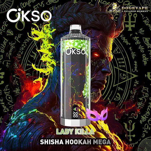 Colorful Advertisement For Okso Shisha Hookah Vape Featuring A Stylized, Fiery-Faced Character With Neon Effects, Magical Symbols In The Background, And Product Branding Prominently Displayed.