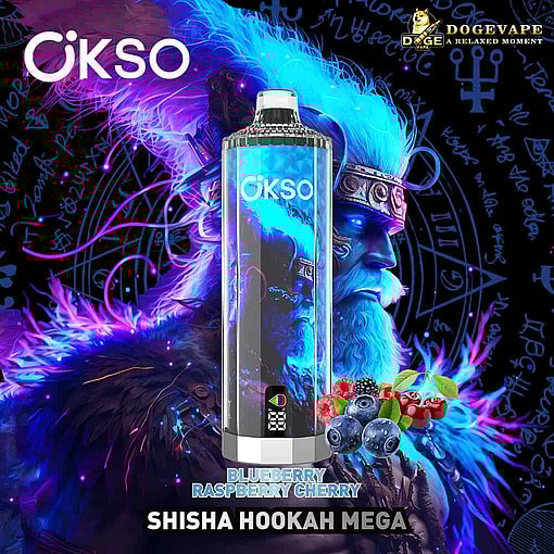 Colorful Promotional Image For Okso Shisha Hookah Mega Vape, Featuring A Mystical, Blue-Bearded Warrior With Glowing Blue Hair, Vibrant Magical Symbols, And Illustrations Of Blueberries, Raspberries, And Cherries.